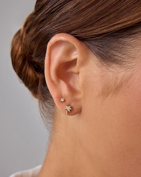 PAVOI 14K Gold Plated Dainty Flat Back Earrings for Women - Hypoallergenic Sterling Silver Posts Helix Cartilage Piercing Jewelry - Emoji Motif Bow Celestial Flatback Gold Stud Earrings Screw Back