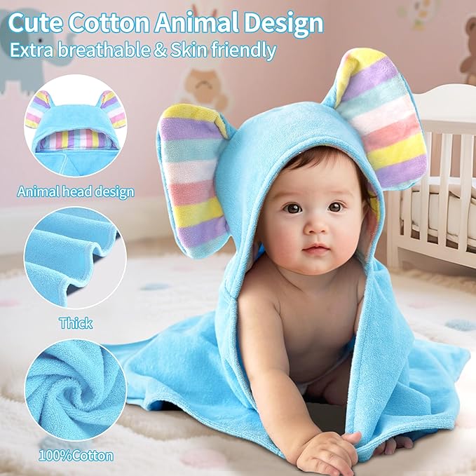 VOOVA & MOVAS Baby Hooded Bath Towel - 100% Cotton, 33x23.5 Inches,0-3Years, Super Absorbent Large Towel with Cute Elephant Ears Hood for Newborn, Baby, Toddler,Baby Blue