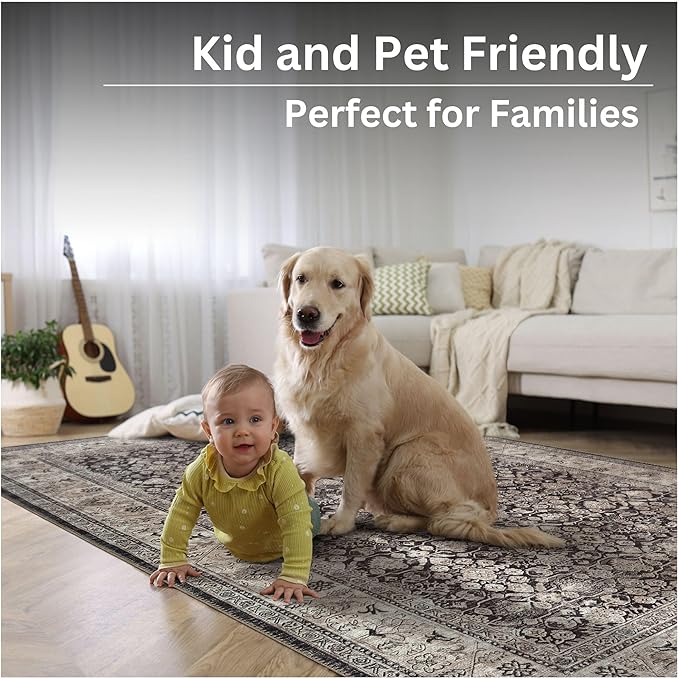 Bloom Rugs Washable Non-Slip 12 ft Runner - Charcoal/Beige Traditional Bordered Runner for Entryway, Hallway, Bathroom, and Kitchen - Exact Size: 2.5' x 12'