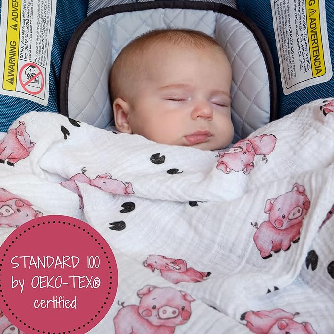 LollyBanks Muslin Swaddle Blankets for Boys and Girls, Large 47 x 47 Inches Baby Blanket, Soft and Breathable 100% Cotton Baby Receiving Blankets, Baby Essentials, Registry (Piggy Farm Theme)