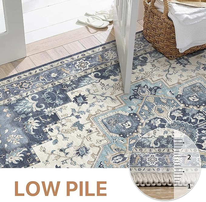 GENIMO 2x7 Runner Rugs for Hallway, Machine Washable Non Slip Vintage Rugs, Low Pile Lightweight Soft Print Rug for enrtyway, Corridor, Home Office, Kitchen, Center Blue