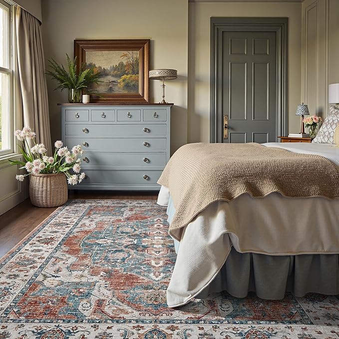 jinchan Area Rug 8x10 Washable Living Room Rug Indoor Large Vintage Floor Cover Distressed Rusty Red Multi Lightweight Non Slip Thin Carpet for Kitchen Bedroom Dining Room