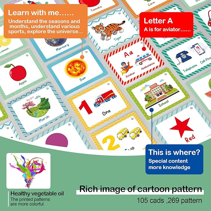 105 Cards, 269 Pictures ABC Alphabet Flash Cards for Toddlers 2-4 Years, Toddler Flash Cards for 1,2,3,4,5,6 Years Kids, ABC Animals Fruits Vegetables Number Transportation Color Shape Sigh Words