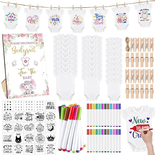 Panitay 126 Pcs Baby Shower DIY Bodysuit Set Rustic Kraft Baby Shower Game Sign DIY Bib 25 Blank White Newborn Bodysuit 25 Stencils 24 Marker 1 Sign 50 Pins for Gender Reveal(Pink Elephant)