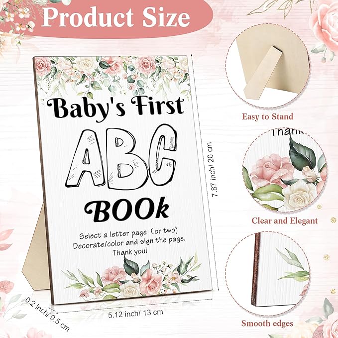 Geelin 51 Pcs Fun Baby Shower Game Activities First Abc Book Sign Coloring Game Card 26 Alphabet a to Z Coloring Card with 24 Watercolor Pen Storage Bag for Baby Shower Party(Floral)