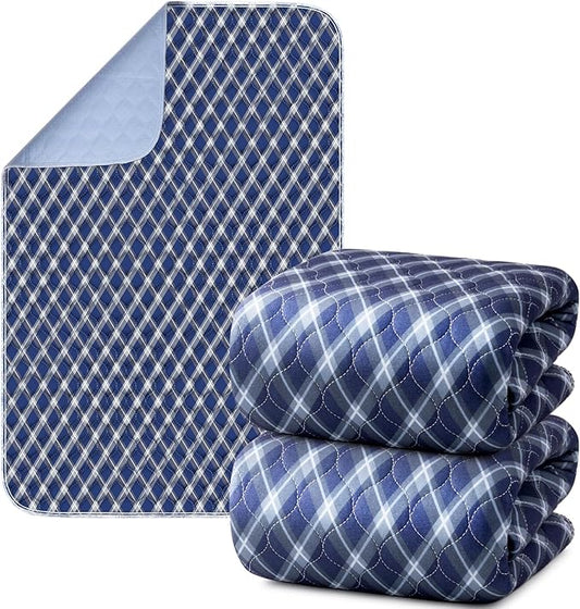 Non-Slip Bed Pads for Incontinence Washable (36" x 72"|2 Pack), Navy Blue Grid, Waterproof Bed Pads, Bed Wetting Pads for Bed, Sofa, Floor, Resuable Underpads for Adults, Seniors, Pet