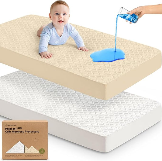 Waterproof Crib Mattress Protector Cover Fitted - 2-Pack Quiet Baby Crib Mattress Pad Sheets, 52" x 28" Soft Quilted Cotton Baby Sheet, Machine Washable, Easy Fit, Durable (Khaki/Mavy)