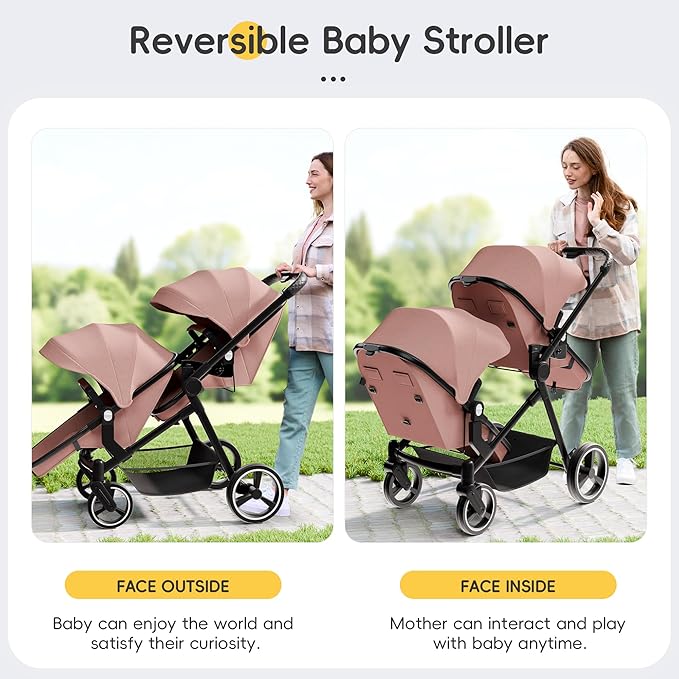MU Double Stroller, Foldable Twin Tandem Stroller with Adjustable Backrest, Reversible Seat, 5-Point Harness, Storage Basket, Convertible Baby Bassinet for Infant and Toddler, Pink
