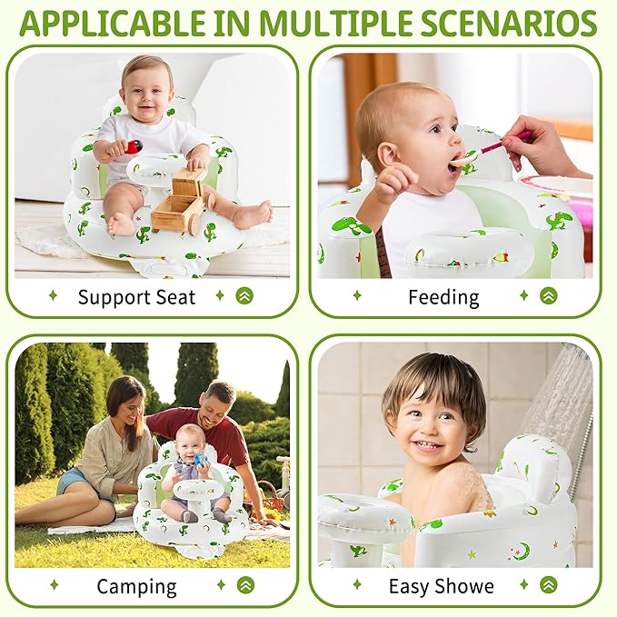Inflatable Baby Seat with Tray, Comfortable Sit Me Up Baby Chair for Learning to Sit, Built in Air Pump Blow Up Floor Seat with Back Support 3 Months & Up (Dinosaur with Tray)