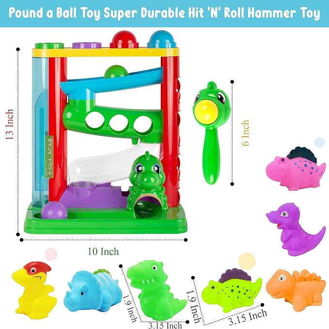 WALA - Pound a Ball Dinosaurs Toy - Super Durable Toddler Girls and Boys Toys - Comes with Ball Tower, Ball, Hammer, and 7 Dinosaur Toys for Kids - Educational Baby Hammer Toy - STEM Development