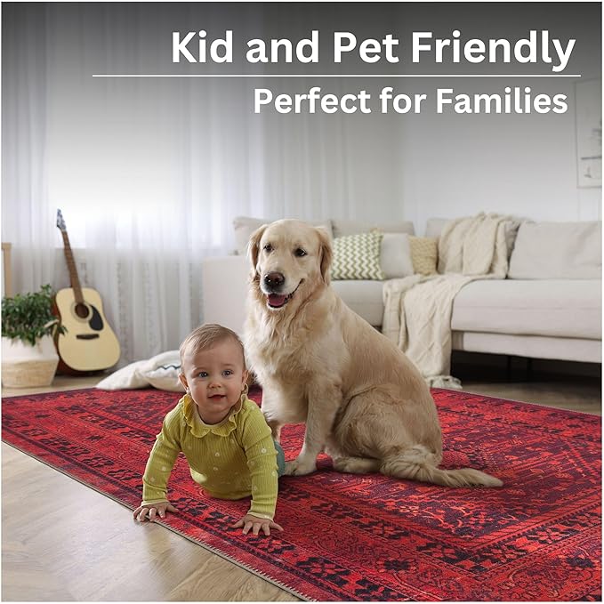 Bloom Rugs Washable Non-Slip 7 ft Runner - Red Traditional Bordered Runner for Entryway, Hallway, Bathroom, and Kitchen - Exact Size: 2.5' x 7'