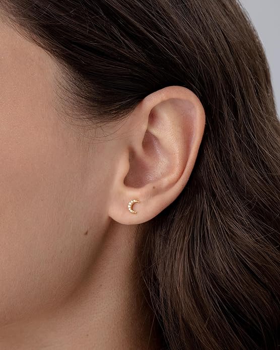 PAVOI 14K Gold Plated Dainty Flat Back Earrings for Women - Hypoallergenic Sterling Silver Posts Helix Cartilage Piercing Jewelry - Emoji Motif Bow Celestial Flatback Gold Stud Earrings Screw Back