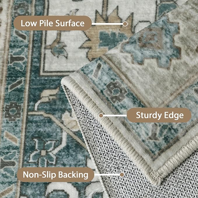 GENIMO 2x5 Runner Rugs for Hallway, Machine Washable Non Slip Vintage Rugs, Low Pile Lightweight Soft Print Rug for enrtyway, Corridor, Home Office, Kitchen,Ash Blue