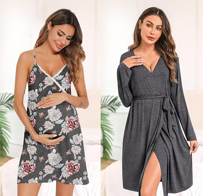 SWOMOG Womens Maternity Robe 2 Piece Nursing Nightgown for Breastfeeding 3 in 1 Labor Delivery Nursing Dress Lace Bathrobe