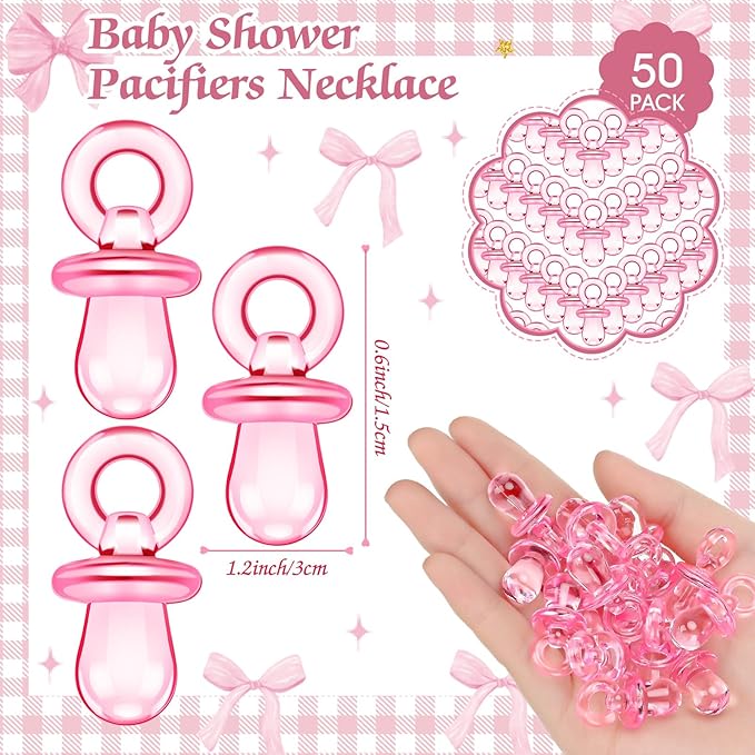 Thyle 51 Pcs Pacifier Hunt Baby Shower Games Include Hunt Sign and 50 Acrylic Pacifiers for Baby Shower Game Decoration Gift Sets Gender Reveal Party Decor(Pink Bow)