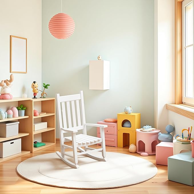 Kid Rocking Chairs ChildToddler Small Baby Wooden Comfy Rocker Chairs Furniture for Nursery Bedroom Livingroom Outdoor Reading Room, Ages 6-10, White