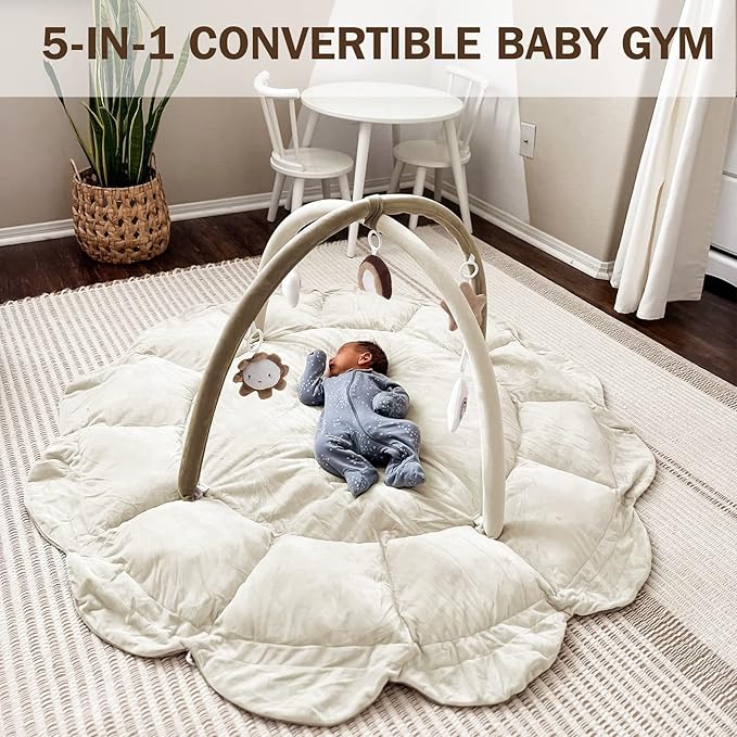 5-in-1 Convertible Baby Play Gym with 6 Toys, Tummy Time Mat for Sensory Development, Baby Activity Center from Newborn to Toddler, Ball Pit, Cat & Dog Bed, Soft Plush Pet Bed, No Ball Included Brown