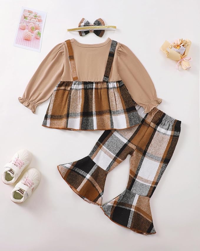 Kucnuzki Toddler Baby Girl Clothes Outfit Long Sleeve Plaid T Shirt Top Flare Leggings Pants 2 Piece Outfit Kids Clothes