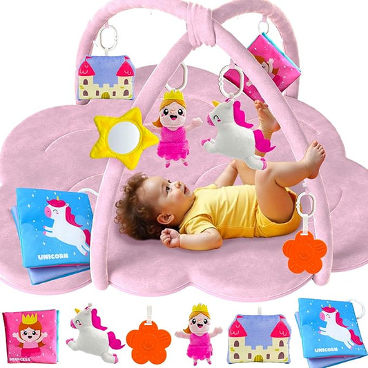 QUOKKA Baby Play Gym XL – Unicorn-Themed Baby Play Mat with 6 Large Sensory Toys – Tummy Time Mat for Infant Development – Machine Washable Newborn Essentials Must Haves – Gender Neutral Gift Items