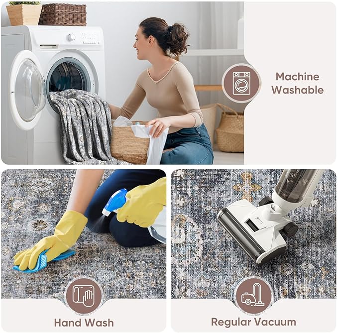 Runners for Hallways Kitchen Runner Rug Non Slip 2'x10' Long Washable Rugs with Rubber Backing Soft Vintage Carpet Runner for Hallways, Kitchen, Laundry, Bedroom, Bathroom (Grey and Brown)