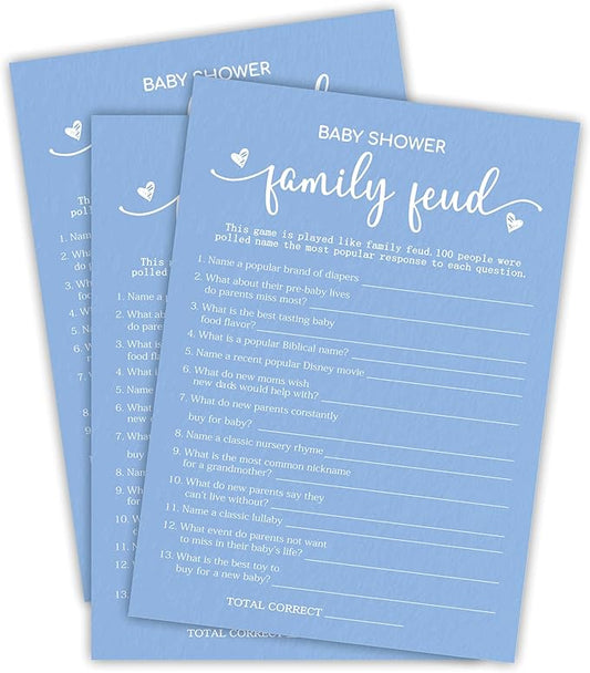 EXW Baby Shower Games, Family Feud, Double-sided Filling Blue Minimalism Game Cards, Funny Baby Shower Games, Baby Shower Party Supplies & Decorations, 30 game Cards & 1 Answer Card -B08