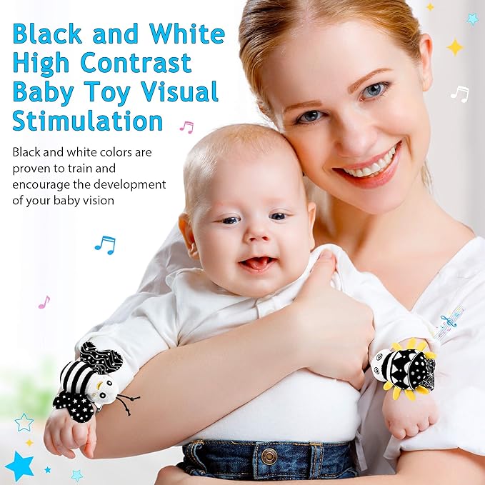 Baby Toys 0-6 Months - High Contrast Baby Toys for Newborn Toys 0-3 Months Brain Development Infant Toys Baby Rattles 6-12 Months Black and White Baby Rattle Socks & Wrist Toys Gifts for Boys Girls