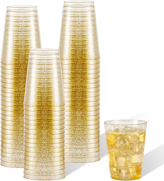 supernal 10oz 100pcs Gold Glitter Plastic Cups,Disposable Glitter Cups,Plastc Disposable Glasses,Plastic Drinking Tumblers for Party,Birthday,Wedding,Holiday.