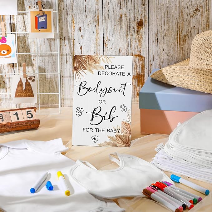 Roowest 35 Pcs Baby Shower Bibs Games Design Wooden Baby Shower Party Game Sign DIY Bodysuit Sign 15 White Blank Feeder Bibs 9 Newborn Bodysuit 10 Markers for Boys Girls(Boho)