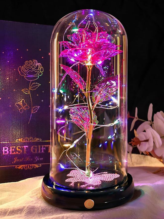 DEEMEI Birthday Gift for Women Pink Rose Eternal Flower USB Light Up Rose in Glass Dome Anniversary Flowers for Delivery Prime Mothers Day Presents Flowers Gifts for Her Grandma Girlfriend Wife