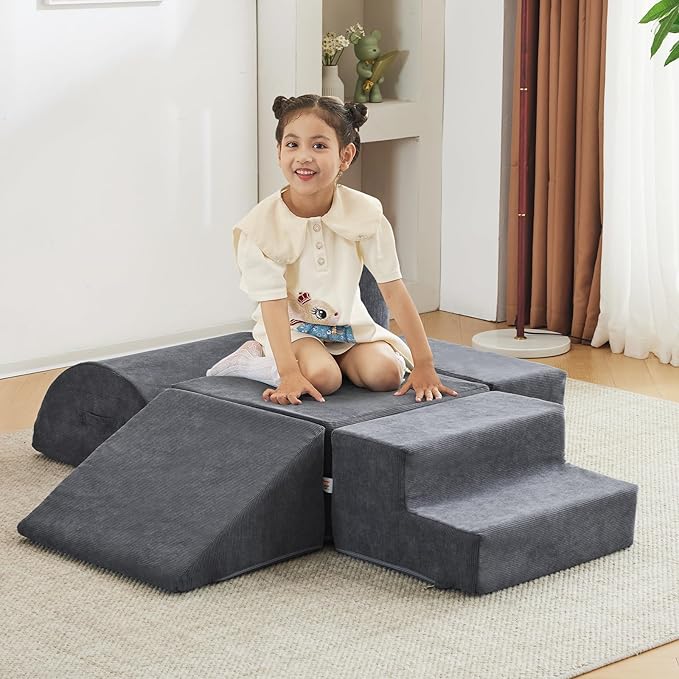 jela Kids Foam Climbing Blocks 6Pcs Soft Play Equipment Luxury Corduroy Fabric, Toddler Climbing Playset Indoor Soft Play Climbing for Toddlers, Lightweight Climbing Blocks for Babies (Darkgrey)