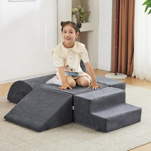 jela Kids Foam Climbing Blocks 6Pcs Soft Play Equipment Luxury Corduroy Fabric, Toddler Climbing Playset Indoor Soft Play Climbing for Toddlers, Lightweight Climbing Blocks for Babies (Darkgrey)
