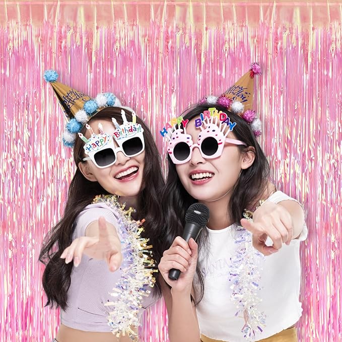BRAVESHINE Clear Pink Streamers Party Decorations Iridescent Foil Fringe Backdrop - 2 Pack 3.2 x 6.5 ft Holographic Tinsel Curtain Party Photo Backdrop for Valentine’s Girl Birthdays Engagement Decor