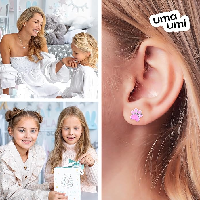 925 Sterling Silver Paw Pink Stud Earrings for Girls Hypoallergenic Safety Screw Back Rhodium Plated - Paw Pink Gifts Earrings for Baby Toddlers Little Teens Kids Jewelry
