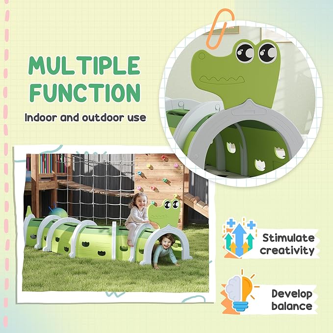 Qaba Crocodile Tunnel, Toddler Tunnel for Kids Crawl and Climb Through, Kids' Play Structure Indoor Outdoor, 6 Sections, Green