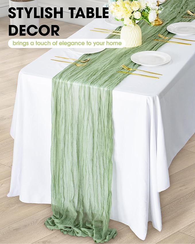 Pureegg 3-Pack Cheese Cloths Table Runner, 120'' Boho Table Cloth Decorations for Party, Baby Shower, Wedding and Farmhouse, Fabric Room Decor, Sage Green