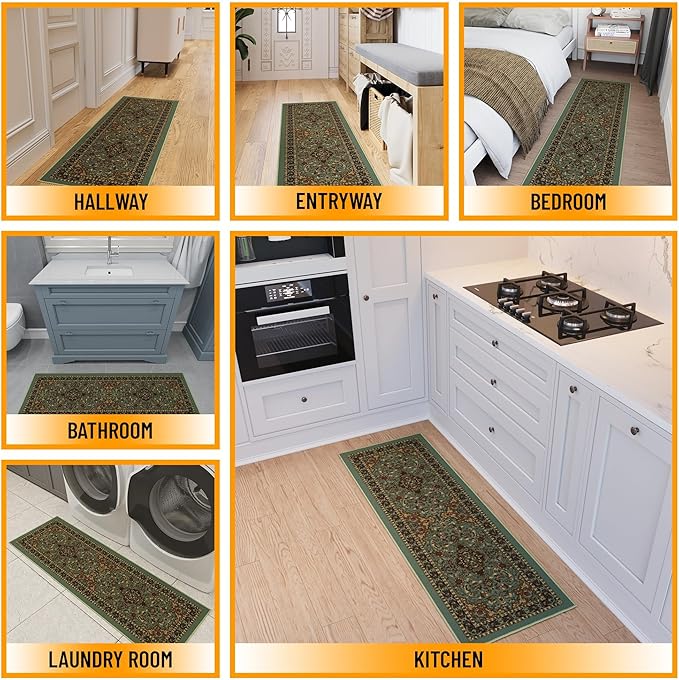 Ottomanson Hallway Runner Rug 20" x 59" Non Slip Oriental Area Rugs Easy to Clean Laundry Rug Runner Durable Pet Friendly Floor Carpet Runners for Hallways Entryway Living Room Kitchen, Seafoam Green