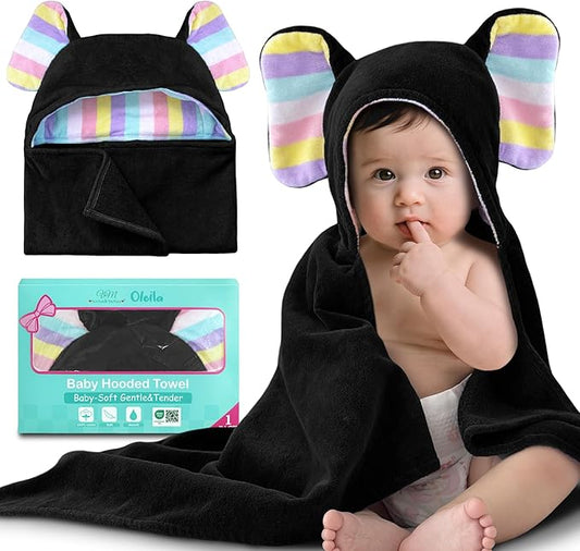 VOOVA & MOVAS Baby Hooded Bath Towel - 100% Cotton, 33x23.5 Inches,0-3Years, Super Absorbent Large Towel with Cute Elephant Ears Hood for Newborn, Baby, Toddler,Black