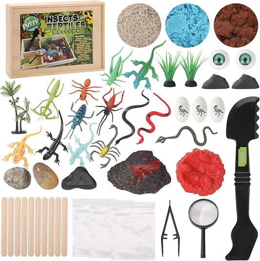 Insects and Reptiles Putty Explorers Educational Sensory Kit Wooden Play Box Bugs Snakes Science Life Moldable Sand Kit STEM Educational Toys Science Teacher Classroom Gifts Lizards Volcano Easter