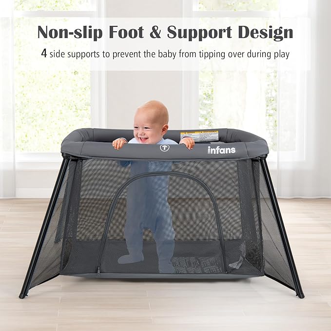 INFANS Travel Crib, Portable Baby Playpen with Removable Bassinet Soft Mattress Carry Bag, Foldable Lightweight Playard Nursery Center for Newborns Toddlers (Dark Gray)