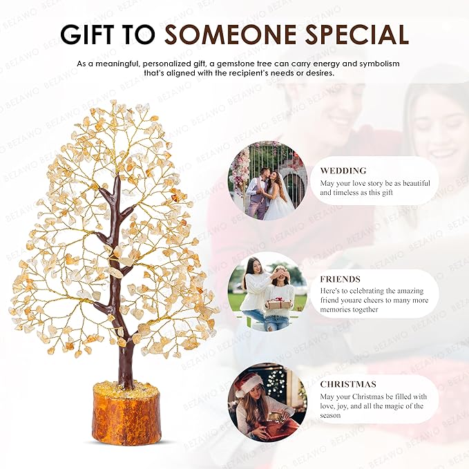 Crocon Citrine Gemstone Tree Feng Shui Figurine Money Bonsai Chakra Balancing Good Luck Prosperity Reiki Healing Crystals Decoration Ornament Sculpture Table Decor Gift Size 10-12"