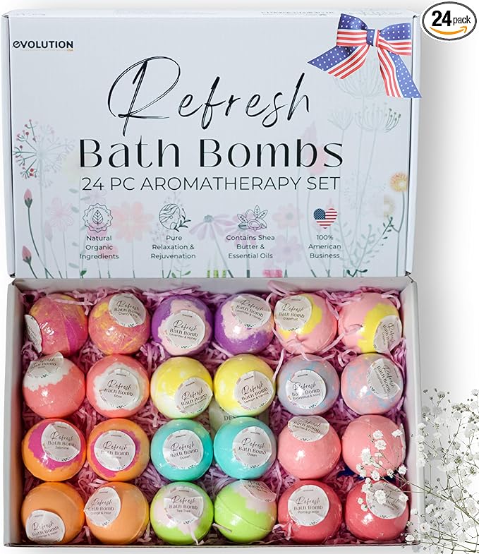 EvolutionUSA Refresh Bath Bombs for Women, 24 Lush Bath Bombs Mini Sized, Luxurious Womens Gift for Mother's Day, Easter, Birthday or Self Care, Luxurious & Relaxing Bathbombs, Womens Bath Balls