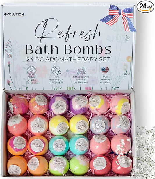 EvolutionUSA Refresh Bath Bombs for Women, 24 Lush Bath Bombs Mini Sized, Luxurious Womens Gift for Mother's Day, Easter, Birthday or Self Care, Luxurious & Relaxing Bathbombs, Womens Bath Balls