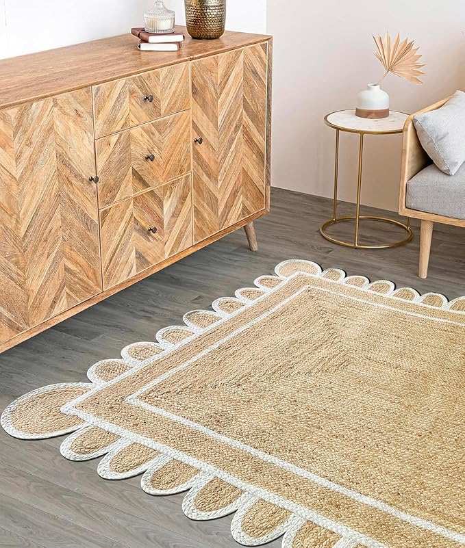Shiv Shakti Exports Scalloped Natural Jute Area Rug, Natural Base Off White Trim (8x10 Feet)