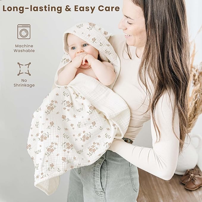 Konssy 2-Pack Muslin Hooded Baby Towels, 100% Cotton, Ultra-Soft & Absorbent Baby Bath Towels with Hood for Newborn & Infant (Cream, Blossom,30" x 30")