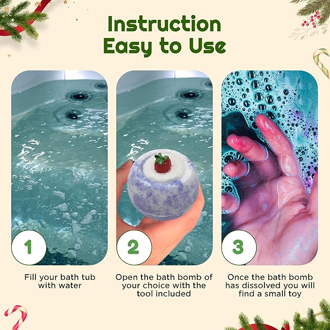 EvolutionUSA - Christmas Bath Bombs for Kids, Holiday Bath Bombs with Surprise Inside, Perfect Christmas Stocking Stuffers or Festive Holiday Bathombs Set, Natural & Hypoallergenic Bath Ball Set