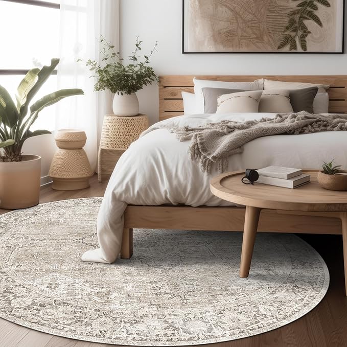 ReaLife Rugs Machine Washable Area Rug - Living Room Bedroom Bathroom Kitchen Entryway Office - Padded Low Pile Stain Resistant Premium - Boho Farmhouse Vintage - Lyle - Beige Ivory 4' Round