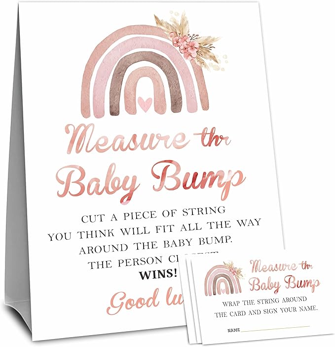 Boho Rainbow Baby Shower Measure The Baby Bump, Measure Mommy's Belly Game Set-1 Self-Standing Sign And 50 Tickets - Gender Reveal, Baby Shower, Baby Announcement Activity & Party Favor Supplies - A04
