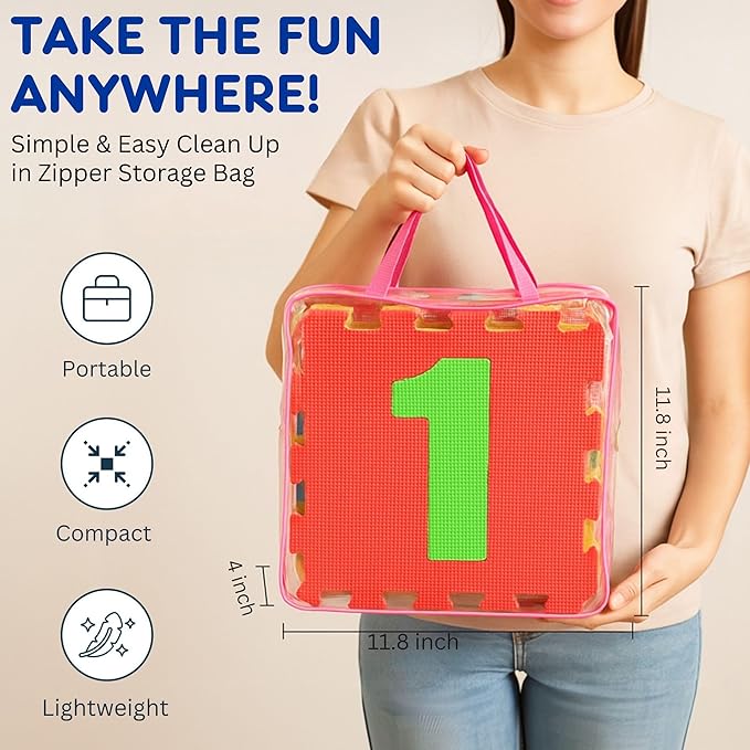 Hopscotch Playmat Foam Interlocking Puzzle Floor Mat - 10 Large Number Tiles (12" by 12" Square Blocks)