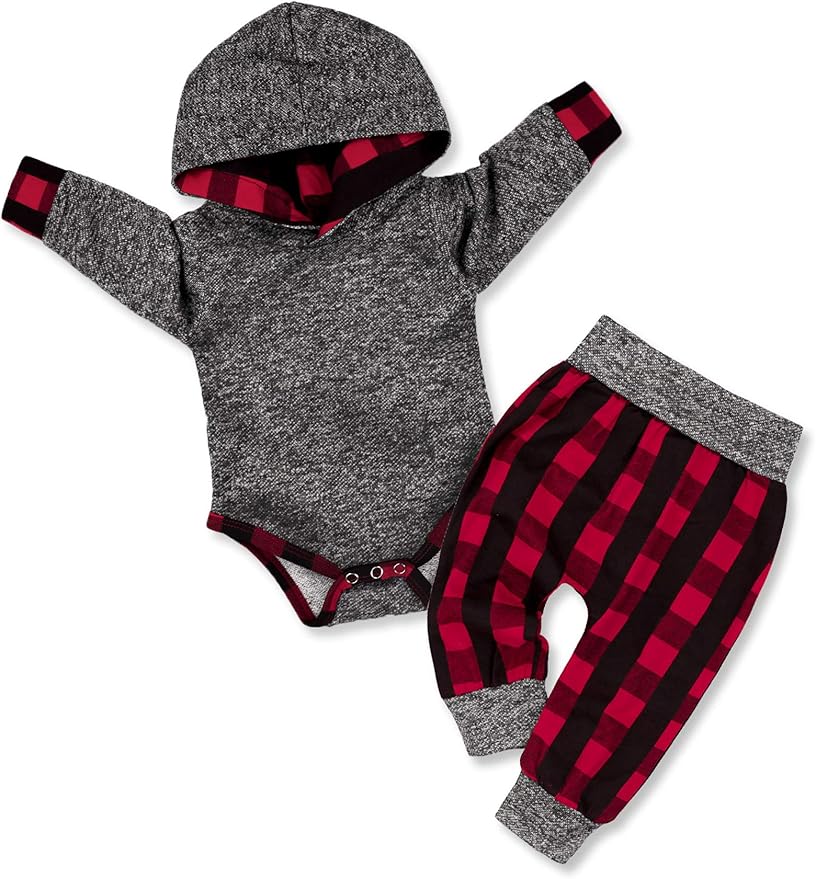 Fommy Newborn Baby Boy Clothes Plaid Letter Print Long Sleeve Hoodies + Long Pants 2PCS Fall Winter Outfits Set