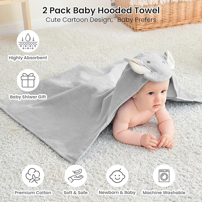 Mooreeke 2 Pack Baby Towels - 100% Cotton Baby Hooded Towels - Soft Baby Bath Towels with Hood for Newborn - Comfort Towels for Baby Girls and Boys - Animal Shaped Design (Puppy & Elephant)